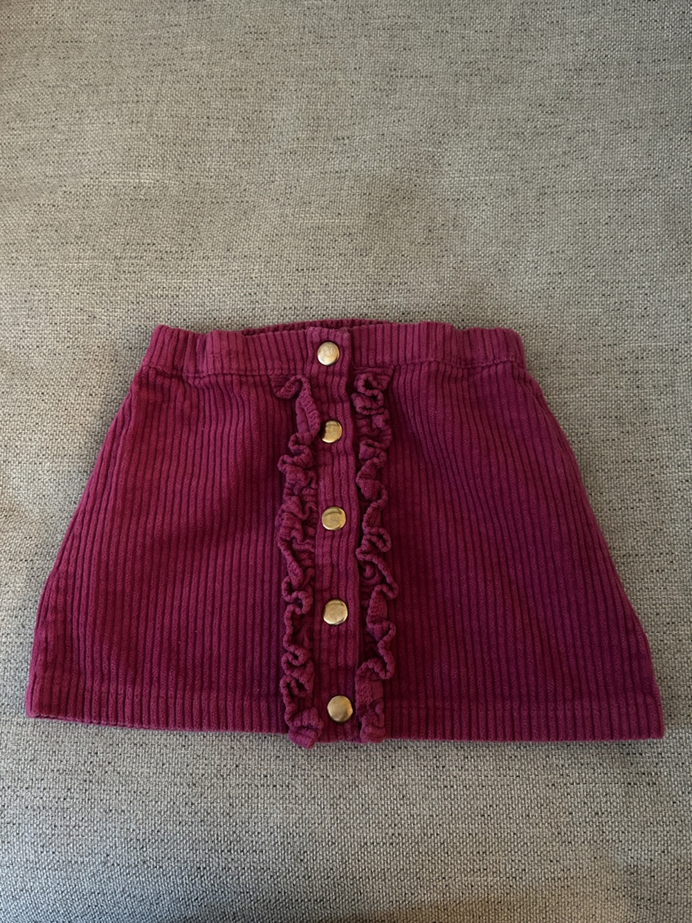 Girls Burgundy Ribbed Button-Front Skirt with Ruffle Trim